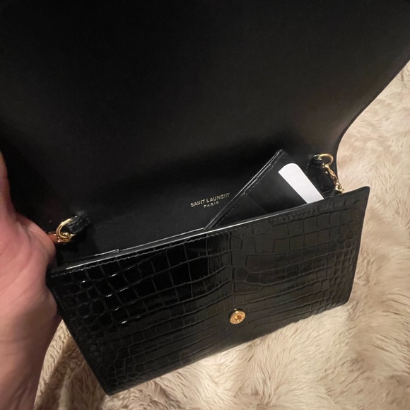 YSL Uptown Croc Embossed Leather Chain Wallet - Picture 6 of 8